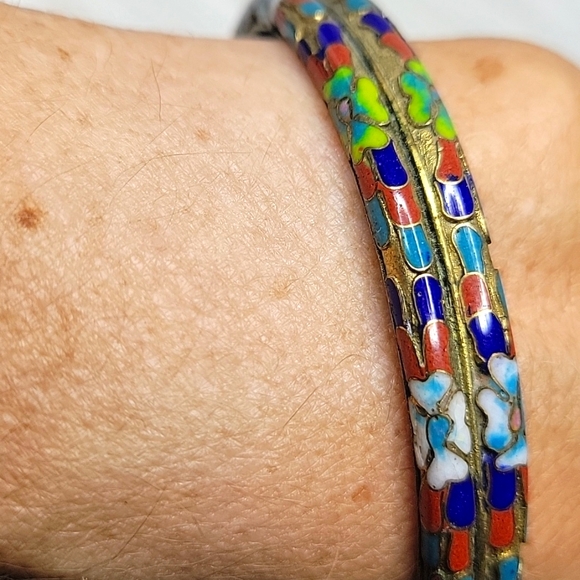 Vintage Cloisonné Blue Floral DoubleBangle Bracelet Gold Tone Accents 3/8" x7.5" - Picture 1 of 5